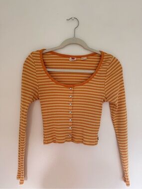Levi's Orange & White Striped Ribbed Button-Front Long Sleeve Top